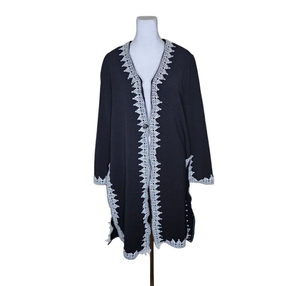 Vintage 80s Long Sleeve Duster Jacket Embroidered Lace Womens Size M Black